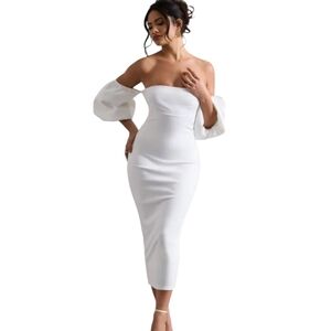 CLUB L LONDON White Bardot  Puff-Sleeve Midi Dress. Size US 4 NWT